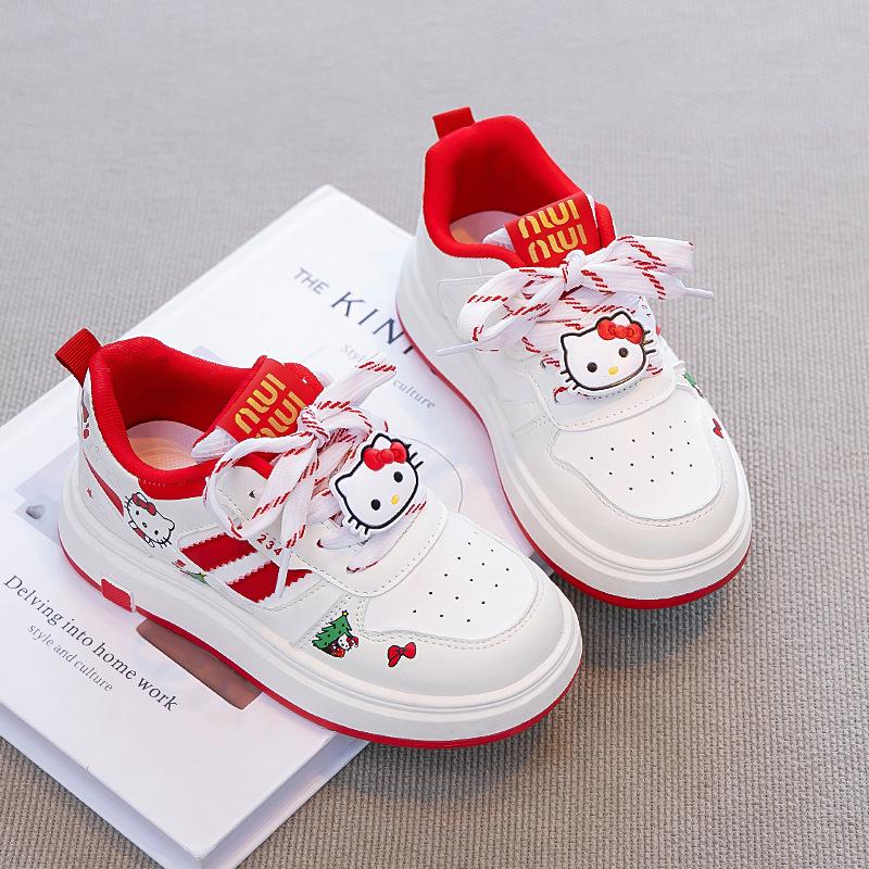 Весна 2026 Девочки Красные Мультяшные Кошки Повседневная Белая Обувь - Мягкая Подошва Универсальная Детская Спортивная Обувь 26