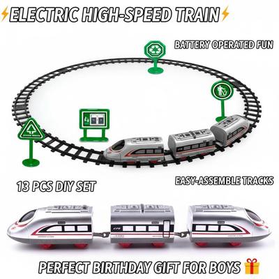 Electric High Speed Train Toy Set For Kids 13Pcs Diy Battery Operated Rail Car With Tracks & Signs Birthday Gift For Boys