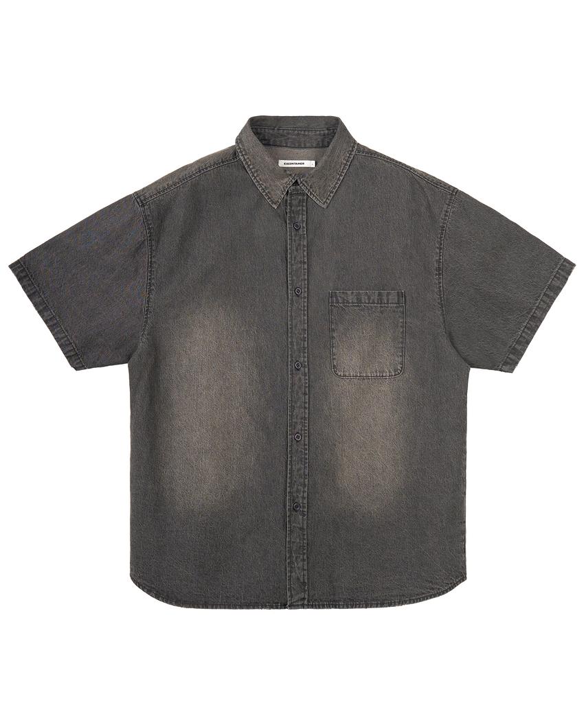 EXCONTAINER Damaged Washed Denim Half Shirt (Fade Black)