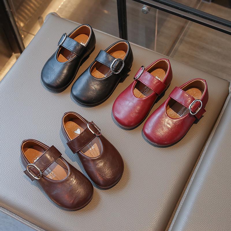 Autumn Little Girl Leather Shoes Shallow Retro New Kids Flat Shoes Causal Simple Children Ballet Shoes for Wedding Party