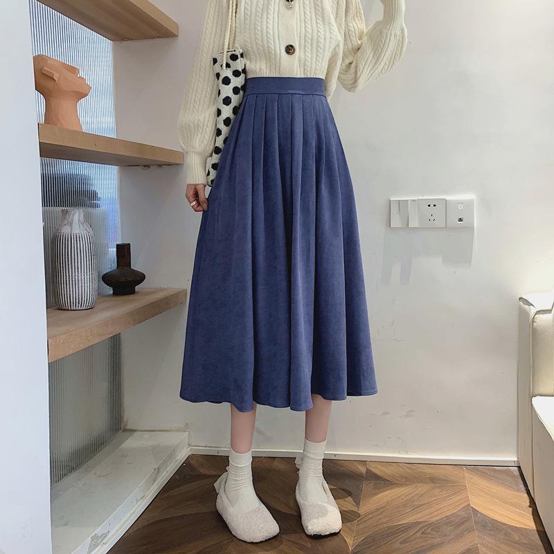 Vintage High Waist Pleated Skirt Women Korean Fashion College Style Long Skirt Ladies Autumn Casual A Line Skirts