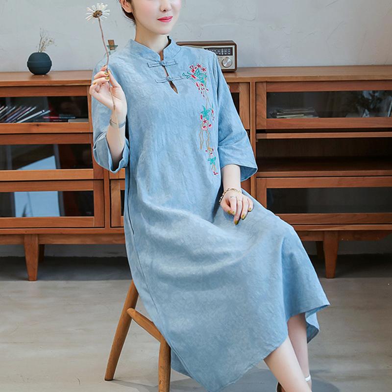 Summer Fashion Chinese Style Stand Collar Embroidery Robe Ladies Vintage Half Sleeve Temperament Vestidos Dress Femme