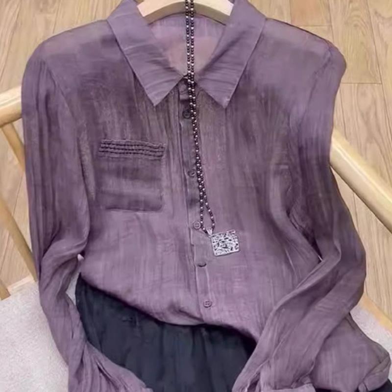 

Women s Temperament Purple Long Sleeved Ice Silk Top 3XL фиолетовый