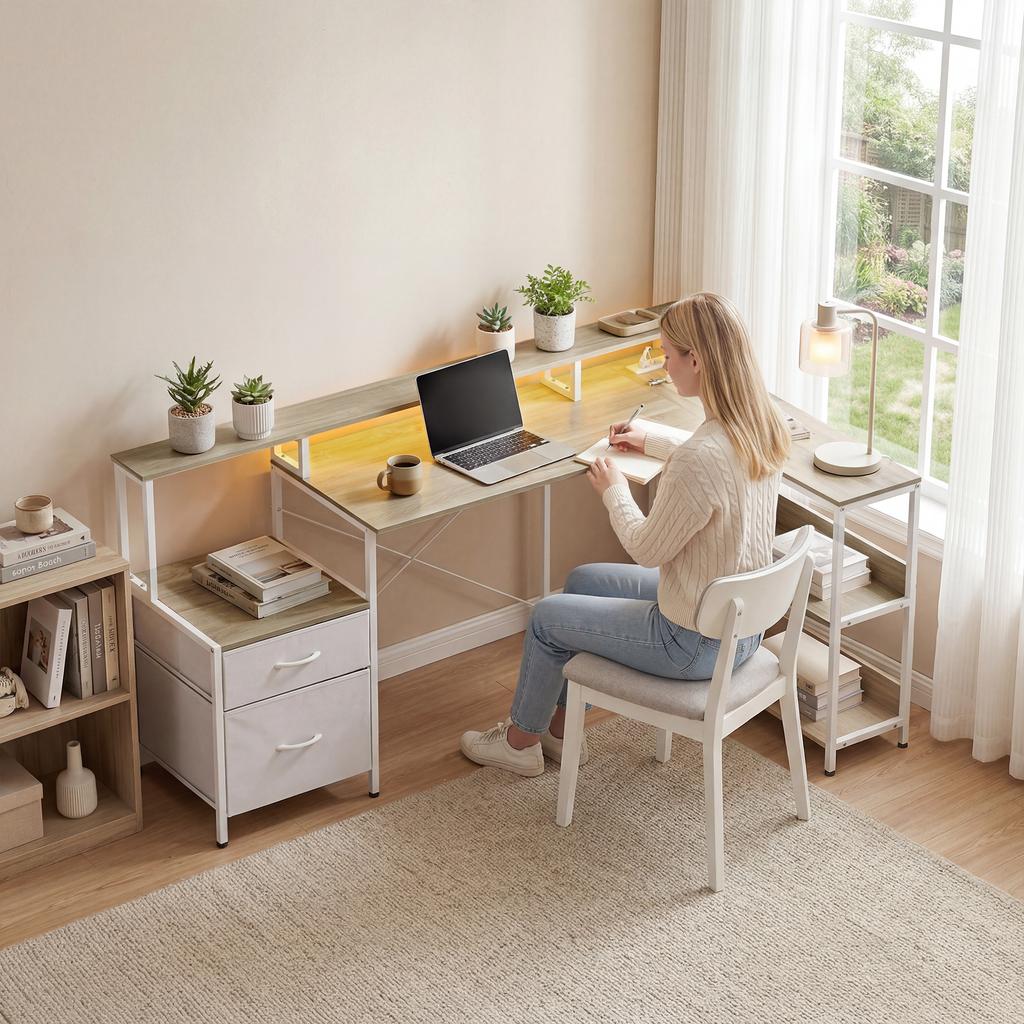 Corner Desk, Power Outlets, RGB LED, Monitor Stand, 2 Drawers, 172 x 100 cm, White