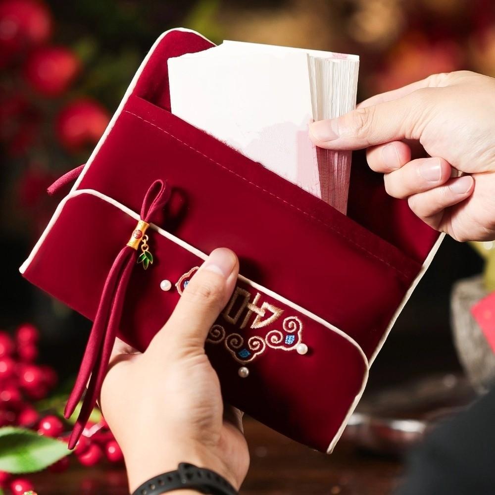 Embroidery Design Red Envelope Handmade Best Wishes Money Packet Velvet Cloth with Tassel HongBao Wedding Celebration