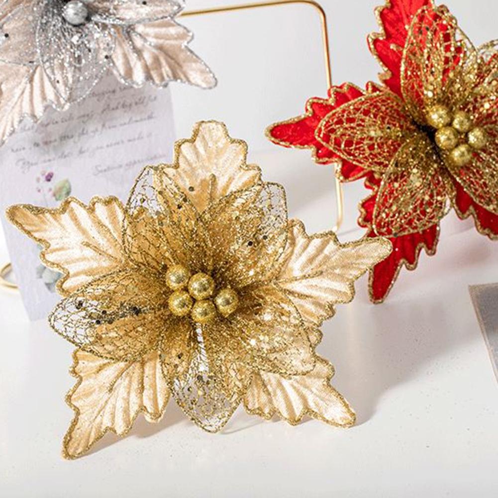 24cm Christmas Poinsettia Glitter Flower Hanging Xmas Party Tree Decoration