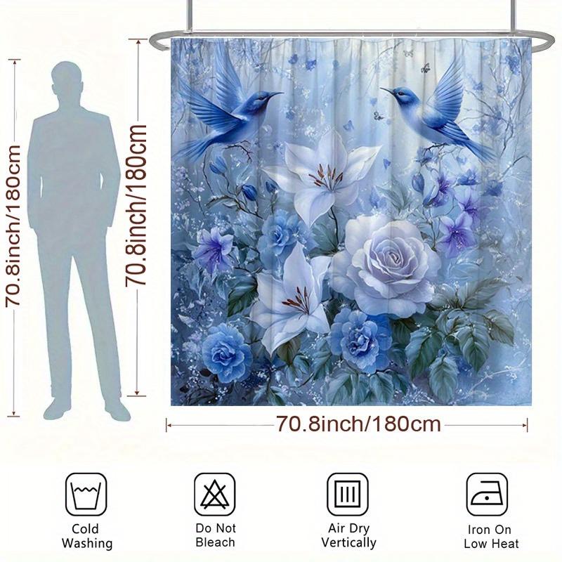 1Pc Blue Birds & Lilies Shower Curtain - Forget-Me-Nots Design, Polyester, 70.8X70.8", 12 Hooks, Washable, Elegant Bath Decor