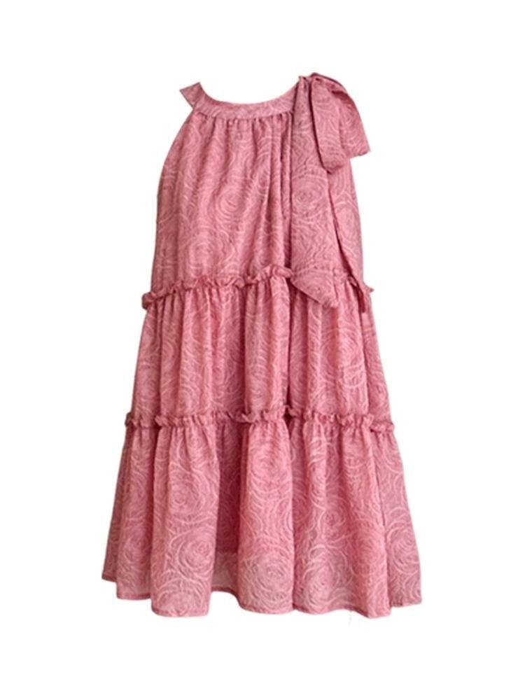 Bow tie neck dress women s summer new niche design small loose sleeveless short skirt S розовый