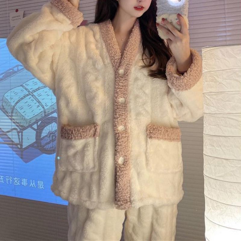 Coral Fleece Pajamas Women  Autumn and Winter  Thickened Fleece-lined Graceful Home Wear Set