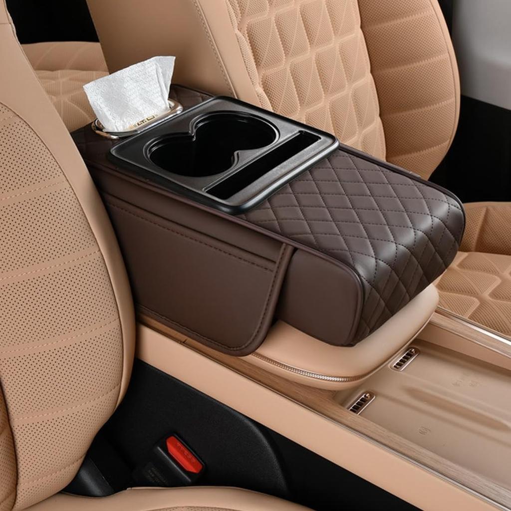 Car Armrest Cushion 5-in-1 Center Console Cover with 2 Storage Bags Cup Holder Tissue Box Slot Car Accessories Organizers