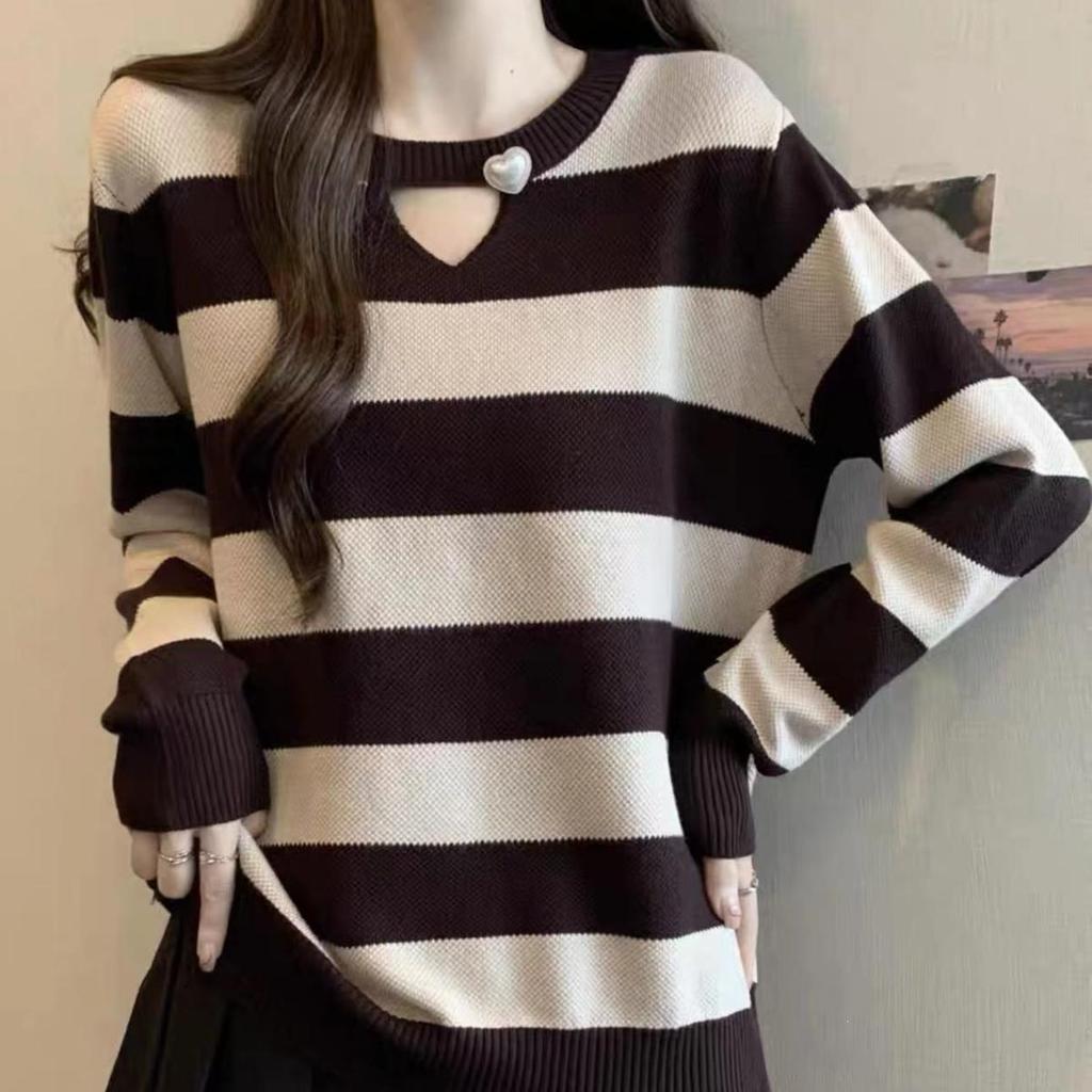 2026 Spring Elegant Striped Knitwear for Women - Plus Size Slimming Sweater Base Layer with Straight Shoulder Design