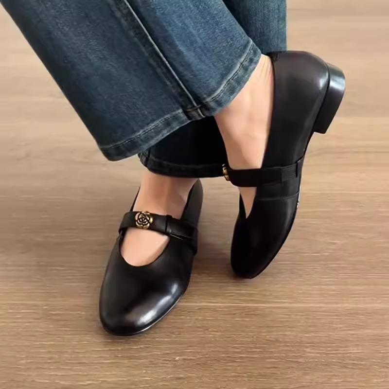 Sheepskin Version~ Retro Camellia Round Head Small Single Shoes for Women with Commuting Low Heels Mary Jane Shoes