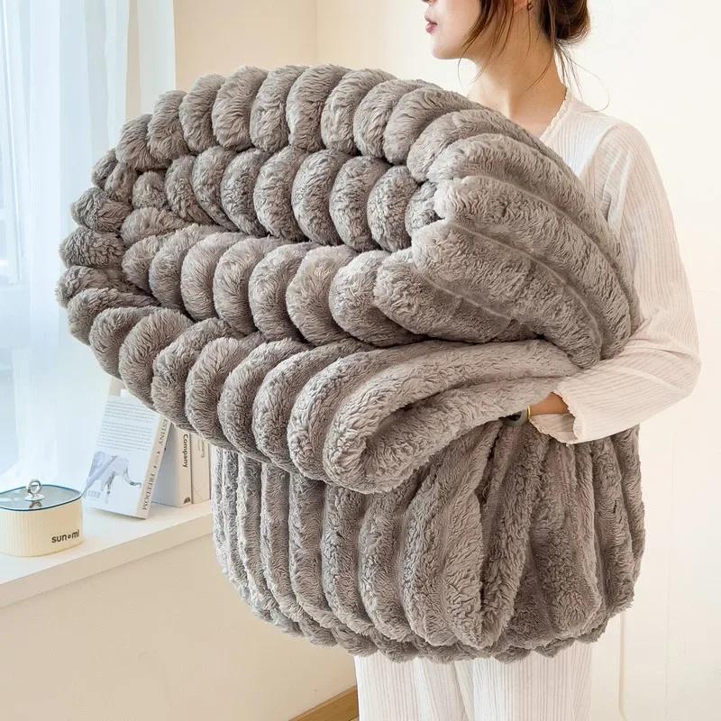 Solid Thickened Wide Striped Flannel Multifunctional Throw Blanket Luxury Faux Rabbit Fur Warm Bed Blankets Sofa Blanket,nap Blanket