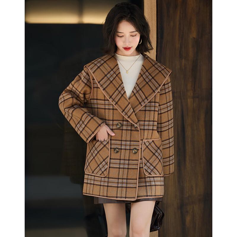 Demana Sweet Lapel Double-Breasted Plaid Winter Coat