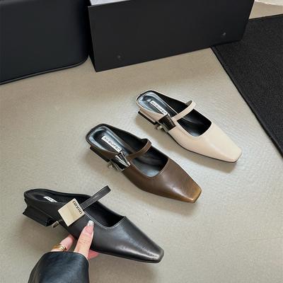Vintage Spring Summer Low Heel Women Muels Slippers Fashion Shallow Slip On Dress Ladies Square Toe Slides Shoes