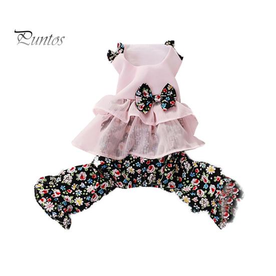 Honden Overalls Jumpsuit Ronde Hals Ruches Zoom Bloemenprint Huisdier Strik Romper Benodigdheden