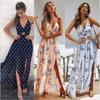 Spring and Summer European and American Women's Clothing Deep V Suspender Explosive Dress Bubble Chiffon Printing Sexy Split Long Dress