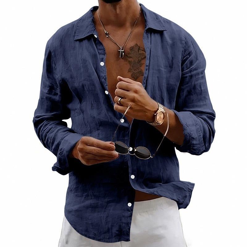 Mens Casual Linen Cotton Long Sleeve Button Down Shirt