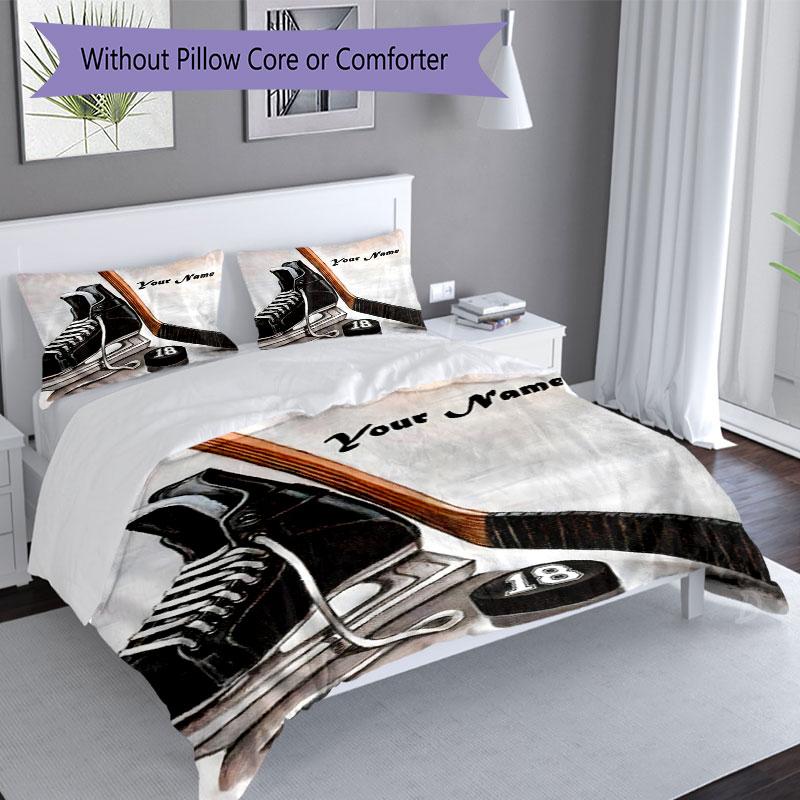 3PC Custom Name Hockey Equipment Artwork Bedding Set Duvet Cover Closure Includes 1 Duvet Cover & 2 Pillowcases for Bedroom
