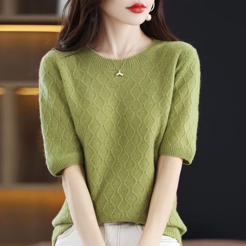 Winter Knitted Short Sleeve T-shirt Women's Loose Bottom Shirt Mid Sleeve Top