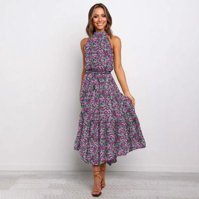 Damen-Langes Kleid beliebt neu Hals Punktmuster Druck Schnürkleid