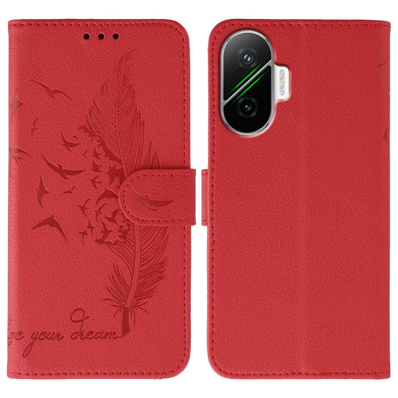 

For Xiaomi Poco F7 5G/Redmi Turbo 4 Pro 5G Case Feather Imprint PU Leather Wallet Phone Cover Red