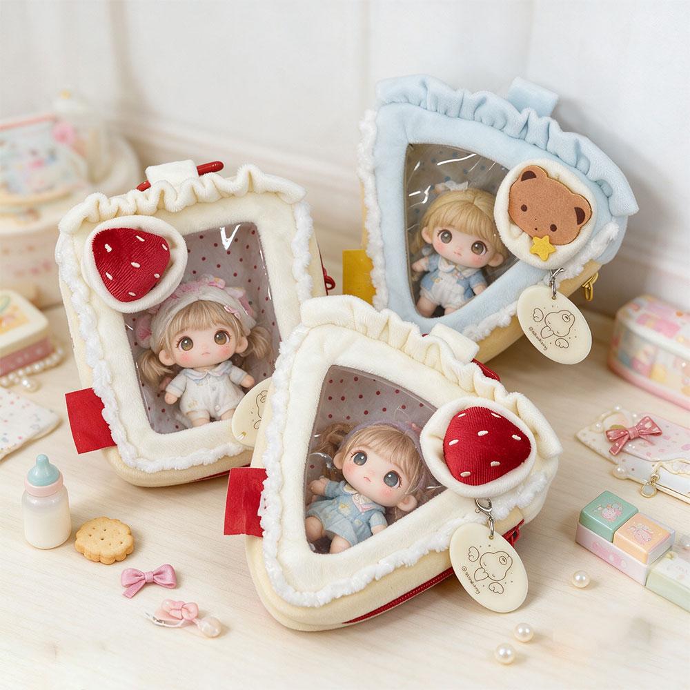 Kawaii Triangle Cake Shaped Doll Ita Bag Cute Plush Transparent Window Mini Crossbody Bag For 10cm Doll Display Storage Bag
