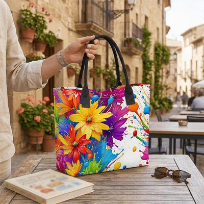  Colorful Floral Print Canvas Tote Bag Casual Large Capacity Shoulder Handbag for Daily Use