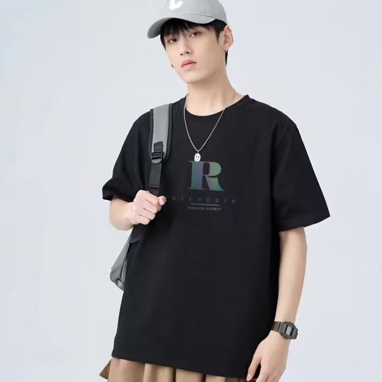 Summer round neck men's Slim short-sleeved T-shirt trend bottoming shirt top combed cotton letter R printed T-shirt