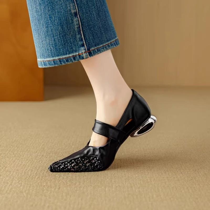 Great Good To Wear Single Shoes Women Spring Summer Woven Hollow Pointed Low Heel Thick Heel Medium Heel Soft Leather Sandals Women