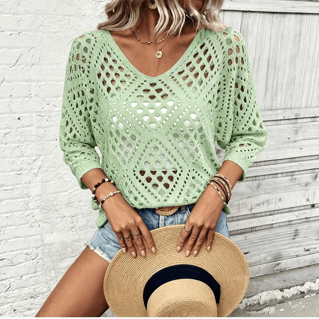 2026 New Women's Hollowed-Out Solid Color Top - Trendy European & American Casual Sweater