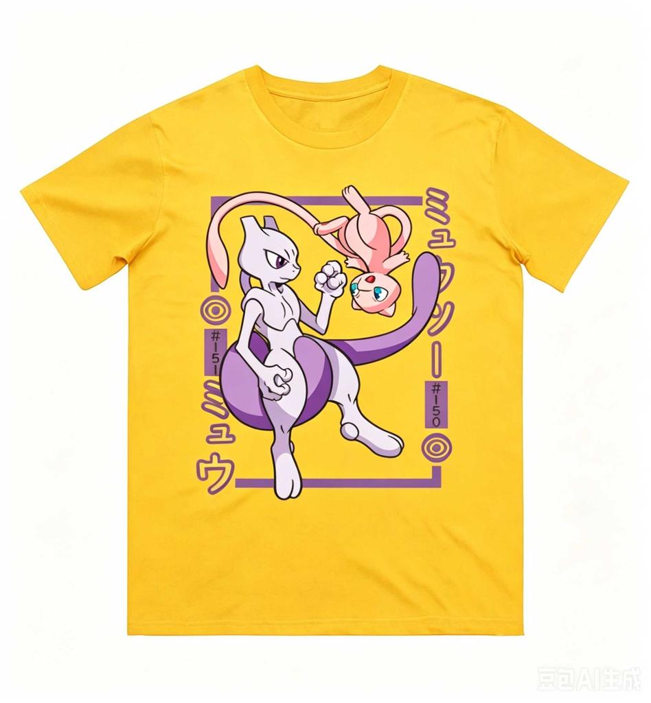 Pokemon Mewtwo Mew Graphic T‑Shirt Unisex Loose Soft Cotton Short Sleeve Tee Japanese Anime Kanji Number Print Casual Streetwear Top for Men Women