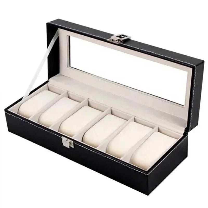 6 Slots Leather Watch Storage Box Organizer New Mechanical Mens Watch Display Holder Cases Household Black Jewelry Gift Boxes