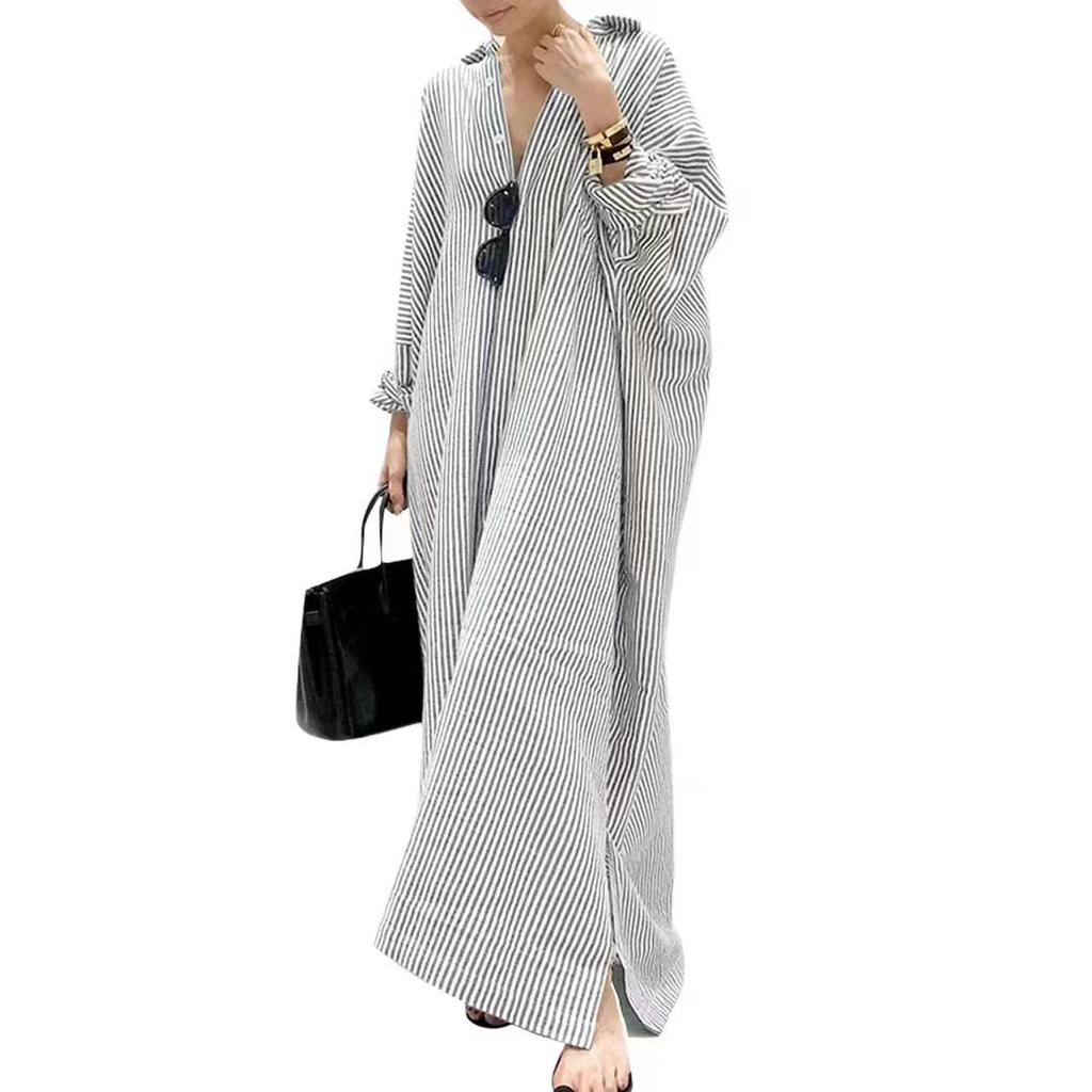 Spring Stripe Printed Beach Sundress Autumn Women Long Sleeve Fashion Casual Loose