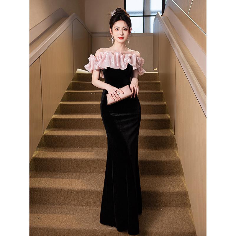 One-word Shoulder Evening Dress Dress   New Black Sexy Fishtail Dress Light Luxury Niche Host Evening Dress