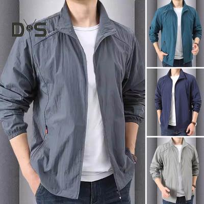 Men Quick Drying Breathable Jacket Stand Collar Long Sleeve Pockets Zipper Placket Solid Color Outdoor Fishing Sport Outwear