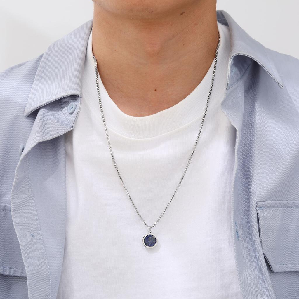 Blue Round Pendant Necklaces for Men Boys,Waterproof Natural Stone Pendant Necklaces,Casual Birthday Boyfriend Gifts