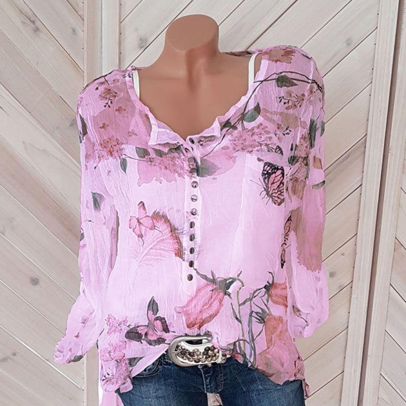 Premium Quality Chiffon Women Casual Floral Printed Buttons T-shirt Irregular Tops Blouse