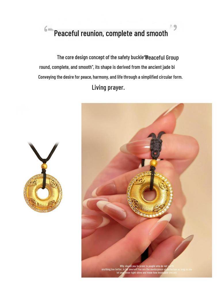 Chinese-Style Gold-Plated Peace Buckle Pendant Necklace with Rhinestones & Black Cord