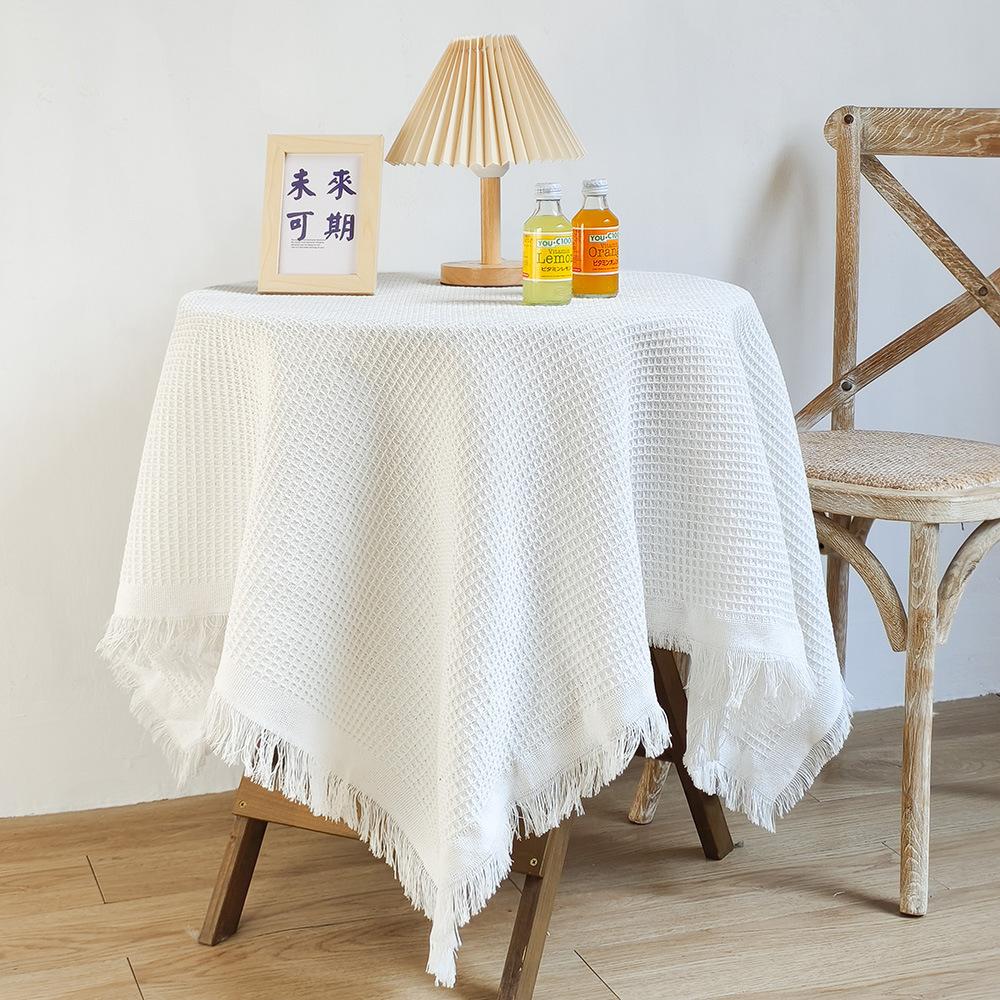 Cream Style Cozy Tassel Cotton Linen Tablecloth Photography Backdrop Prop Round Table Decoration Cloth Versatile Coffee Table Cover Dining Table Mat