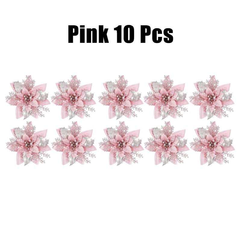 10/30/50PCS Glitter Christmas Flowers Fake Flower Tree Decorations 2026 Home Tree Pendant Ornaments Navidad New Year Gift