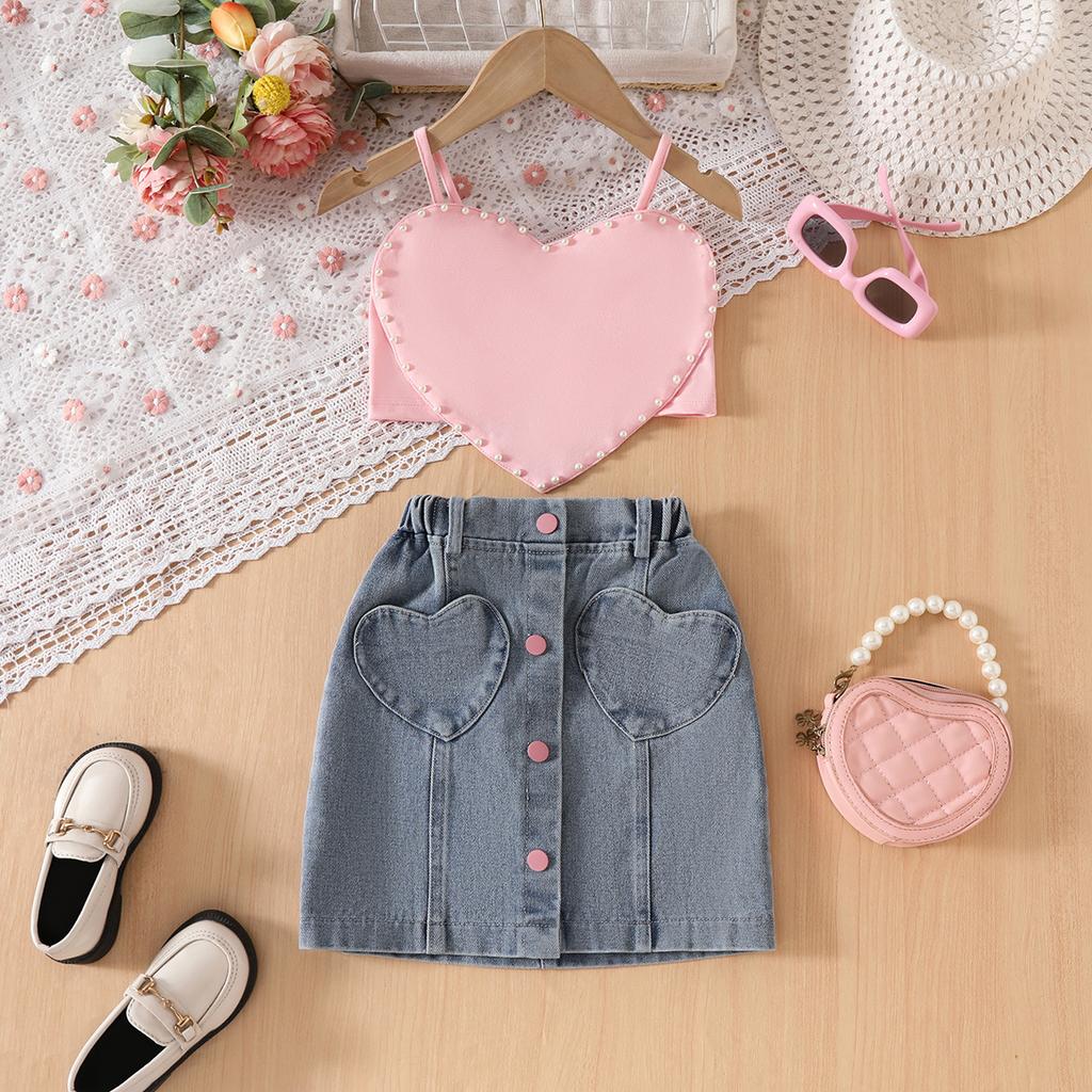 Girls Summer Fashion Denim Vest Camisole And Shorts Two Piece Set Stylish Casual Outdoor Clothing For Kids
