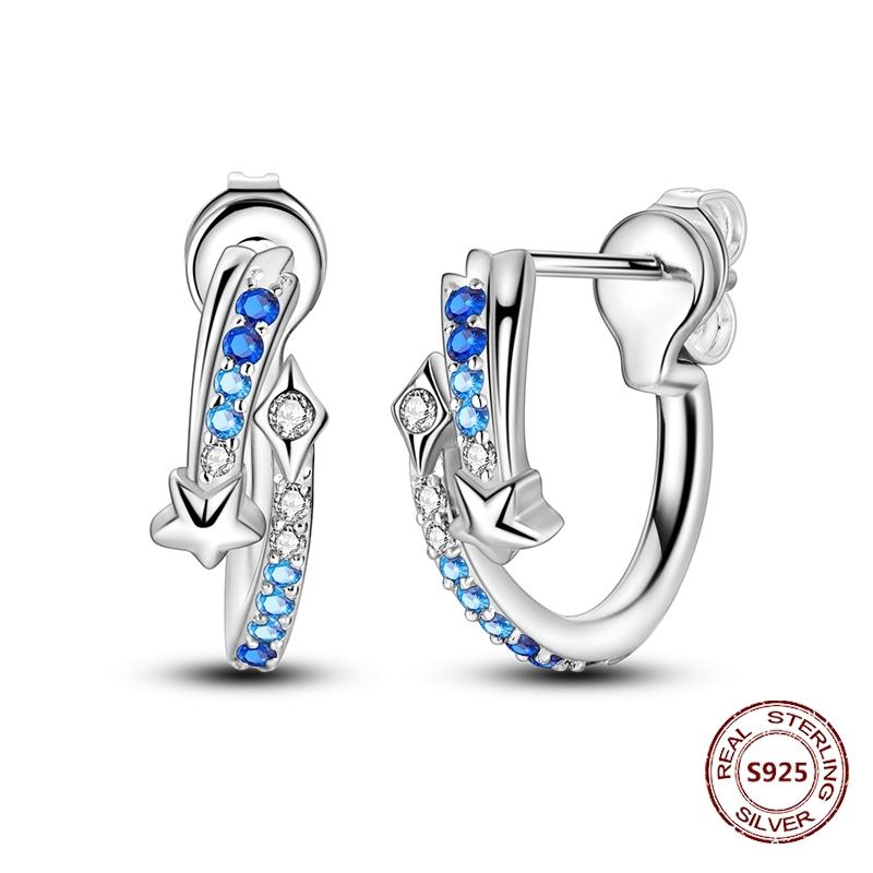 Shining Blue Zircon Owl Earrings 925 Silver Evil Eyes Earrings for Women Wedding Engagement Planet Moon Star Zirconia Jewelry