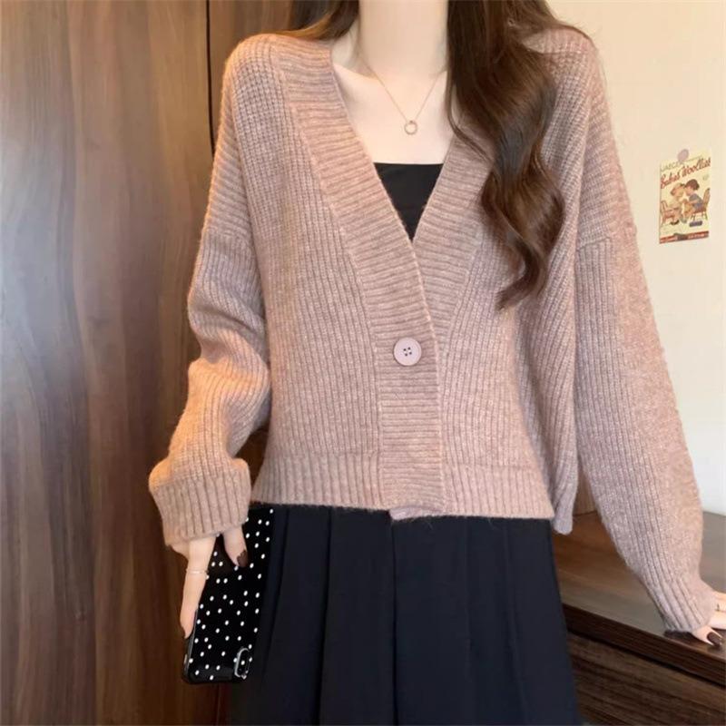 New Early Autumn Short Knitted Cardigan Loose Inner Top Long Sleeve V-Neck Sweater Jacket Women's