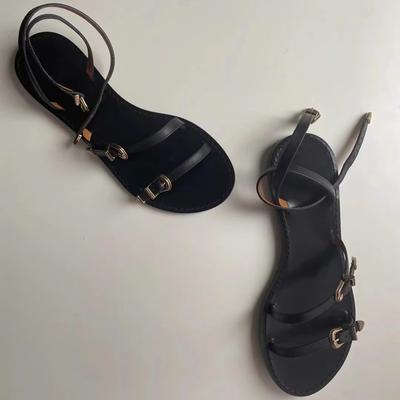 French Leather One-word Belt Thin Belt Fairy Wind Flat-bottomed Open-toed Sandals Female 2025 Summer New Beach Roman Shoes