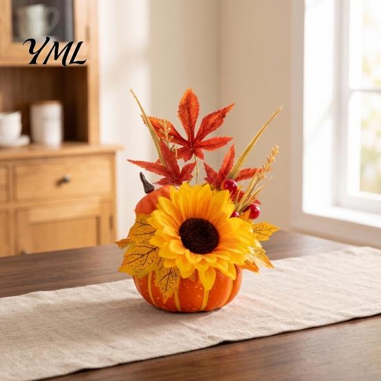 Indoor Seasonal Decorations Artificial Pumpkin Table Centerpiece with Sunflowers Maple Leaves And Pine Rustic Thanksgiving Decor Cones, Halloween Foam