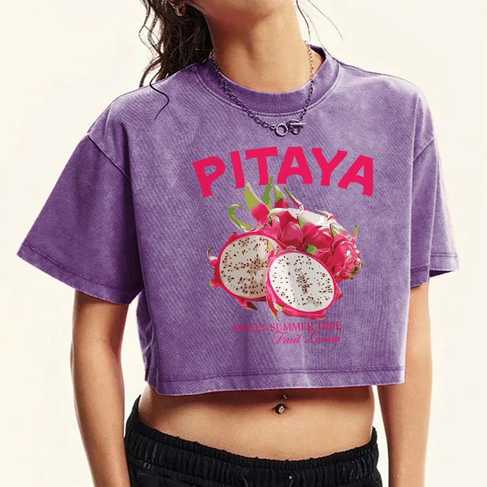 Fresh Fruit Pitaya Print Women Washed T-Shirt Casual Multicolor T Shirts Soft Slim Street Tee Cotton Crop Female Top