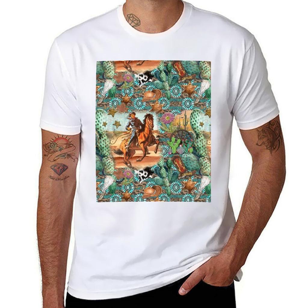 Jewelry, T Cotton Cactus Cowhide and Man Graphic Cowboy for Shirt T Vintage Men Shirts Turquoise with 100% T-Shirt