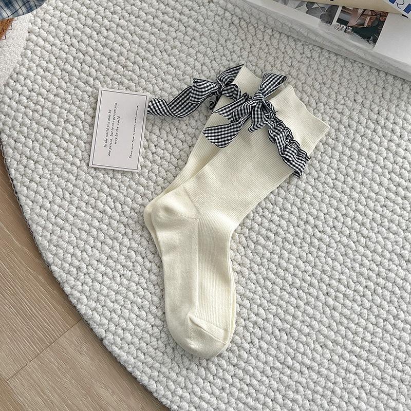 Damen Frühling und Herbst Süßer Absatz Schleife Karomuster Spitze Mittelhohe Stulpe Frottee-Socke