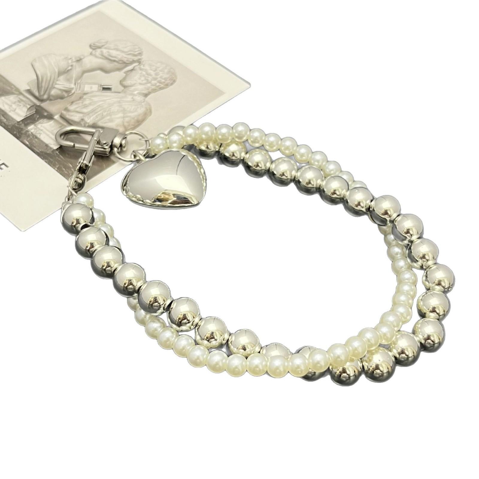 

New Ins Cool Style Universal Phone Lanyard Simple Pearl Love Double Chain Wrist Phone Chain for Phone Cases Hanging Rope Chain Other